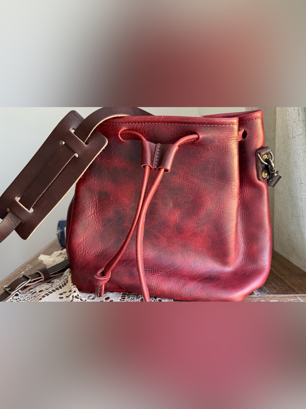 Go Forth Goods Wine Bison Abby Leather Bucket Bag Crossbody drawstring